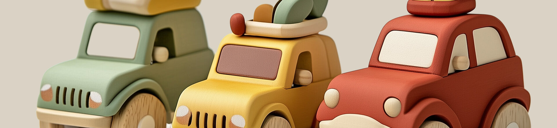 Three colourful wooden toy cars lined up on a shelf